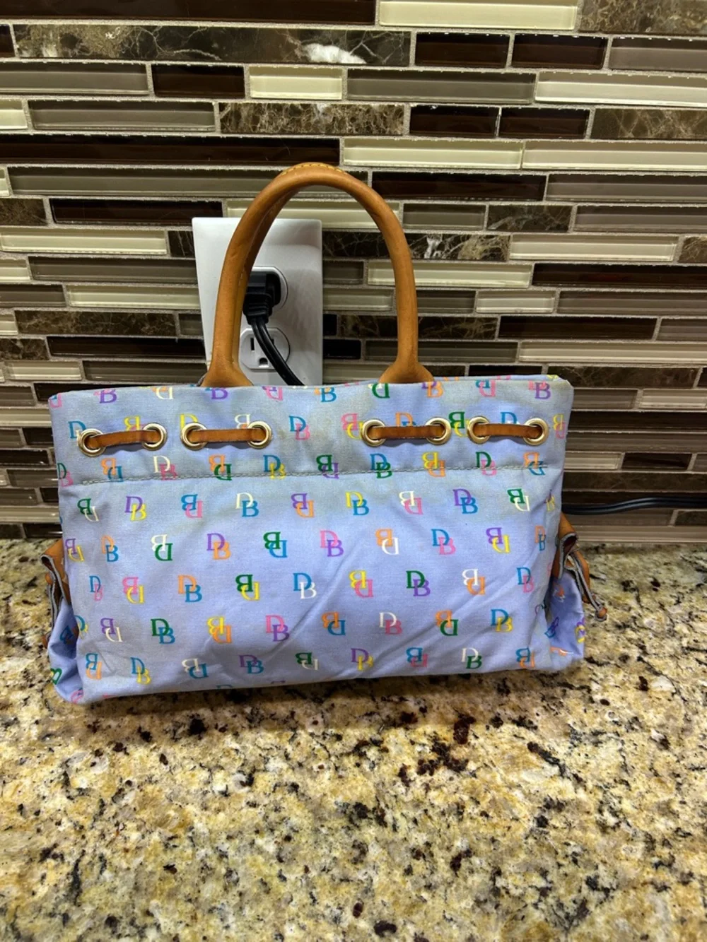 Dooney & Bourke Uncoated Light Blue Multicolor Logo Tote with Tan Handles
